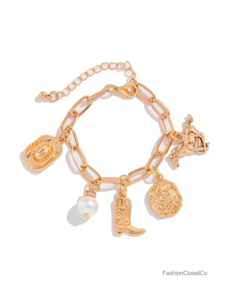 Western Cowboy Boot Hat Charm Bracelet With Pearls And Coins Paperclip Chain